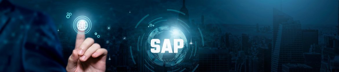 SAP, Enterprise Solutions, Streamlined Operations, Businessman touch SAP-related Icon on the global network cyberspace, technology, and innovation concept.